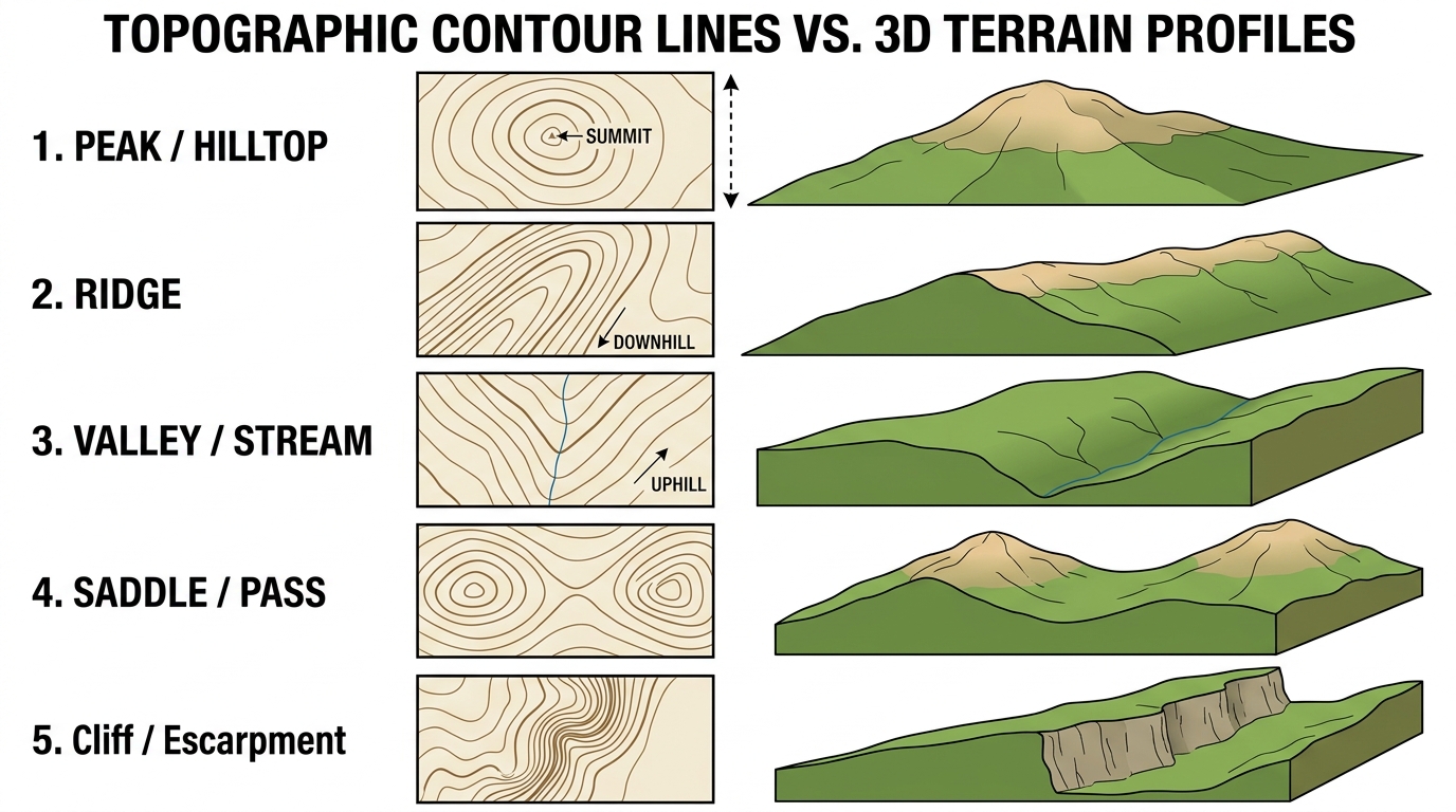 Topographic Map Contour Lines and 3D Terrain Profiles